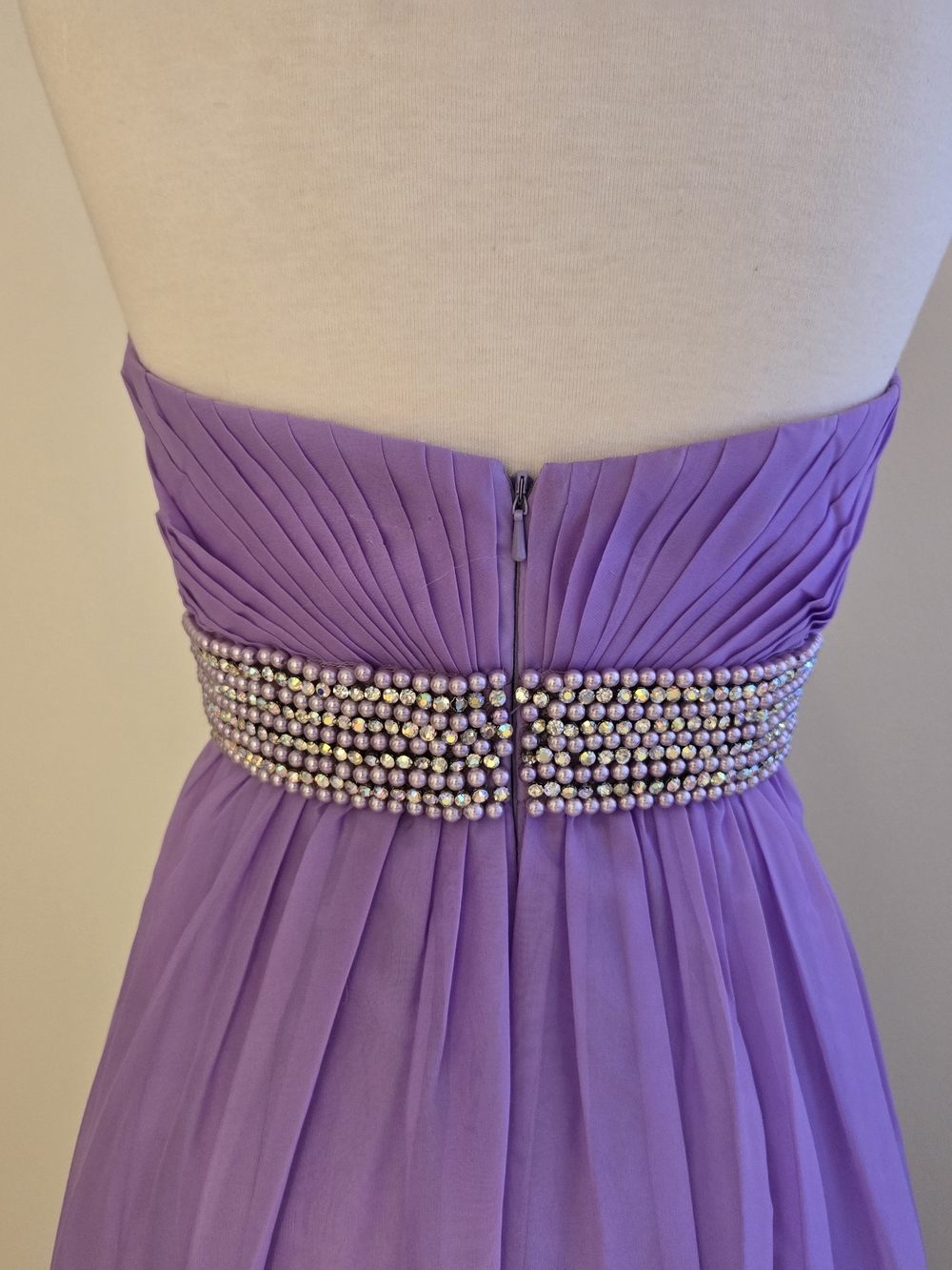 La Femme Lavender to White Ombre Wisteri Strapless Evening Gown Beaded Waist - Picture 6 of 10